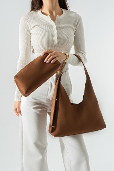 Adox Çanta Marston Model Lock and Kitten Detail Taba Suede Women's Hand and S...