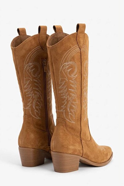 DefHeel'e Suede Embroidered Zipper Detailed Western Cowboy Boots Tan