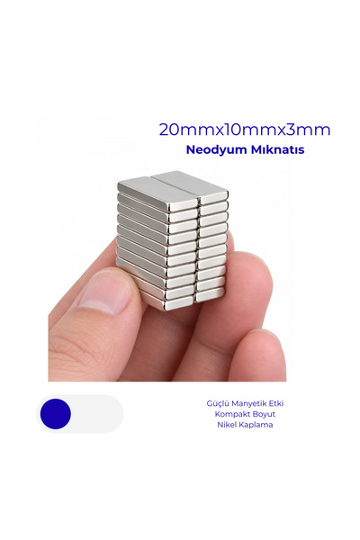 rami co. Neodyum Mıknatıs Dikdörtgen Yüksek Çekim Gücü 20x10x3 mm - 2 Adet