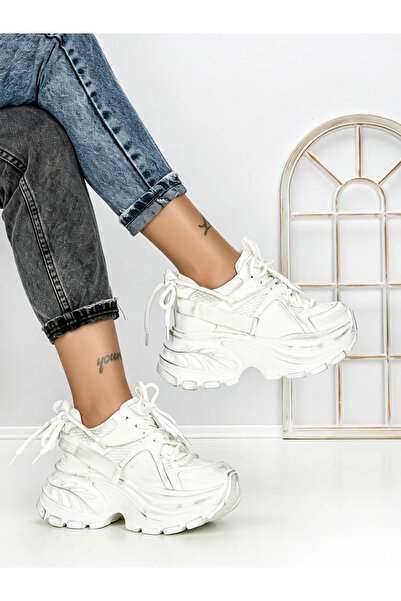 mei Pantofi sport dama cu platforma albi din material textil si piele ecologi...