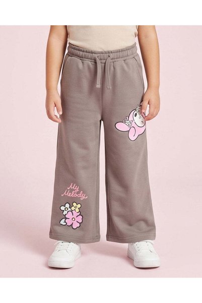 REDTAG Girls Charcoal My Melody Printed Wide Leg Track Pants
