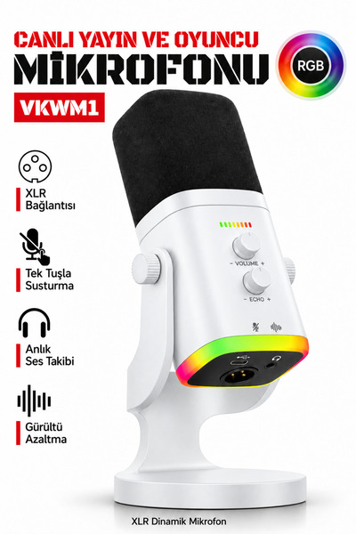 VOOKA VKWM1 RGB USB/XLR Dinamik Oyuncu ve Yayıncı Mikrofonu, Eko Ayarlı Masaü...