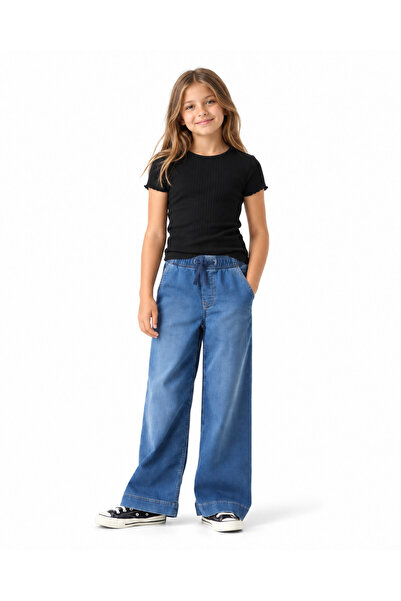 GULLİS KİDS Kız Çocuk Beli Lastikli Bağcıklı Bol Paça Kot Pantolon Mavi