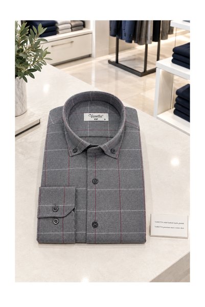 Varetta Men's Gray Winter Shirt with Checkered Collar, Buttoned Pockets, Relaxed Fit