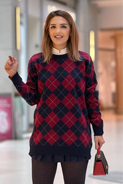 Nevin Kaya Moda Navy Blue Red Oxford Sweater