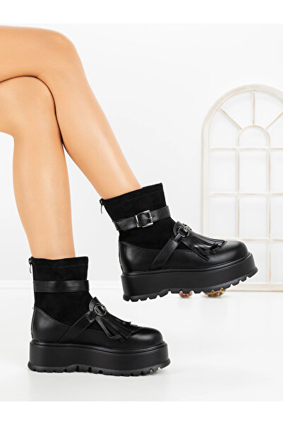 mei Ghete dama cu platforma negre din material textil si piele ecologica Evalora