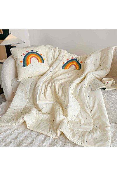 JOJO HOME Pilota copii 2 in 1, crem, model curcubeu, 150x200 cm, 100% bumbac,...
