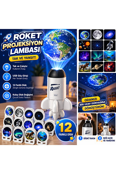 Çeşithane Roket Projeksiyon Gece Lambası 12 Farklı Diskli USB Uzay ve Gökyüzü...