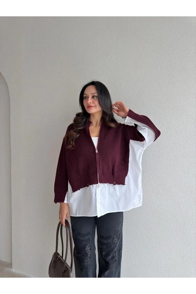 Mooi Butik TONY Cardigan tricotat cu detalii de cămașă 4698 - Roșu Claret