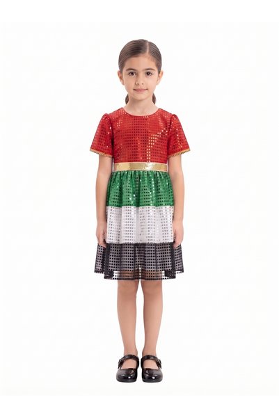 ddaniela Little Patriot UAE Flag Sparkle Sequin Party Dress with Gold Trim