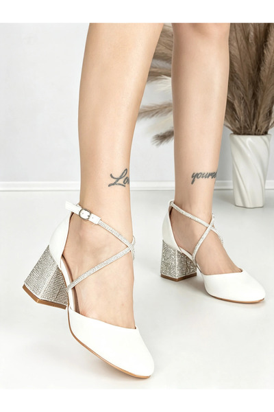 mei Pantofi cu toc gros albi din material textil Evazena