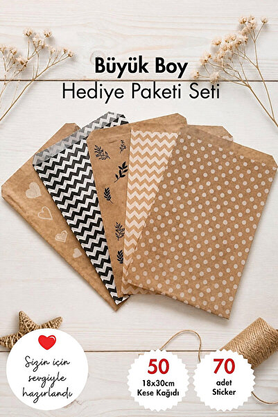 Bimotif Karışık Büyük Boy Hediye Paket Seti ve Sticker - 50 adet Kese Kağıdı ...