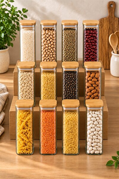 Karçiçeği Home Premium 12-Piece 1150 ml Square Borosilicate Glass Storage Jar...