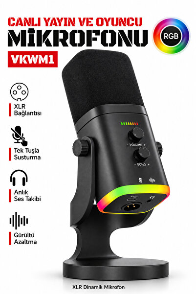 VOOKA VKWM1 RGB USB/XLR Dinamik Oyuncu ve Yayıncı Mikrofonu, Eko Ayarlı Masaü...