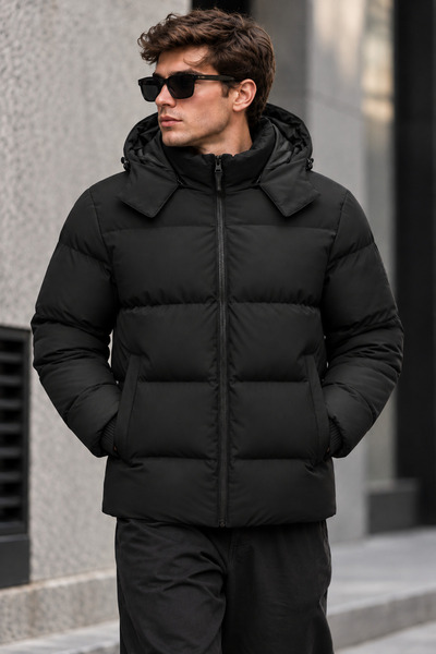 Montivo New Now Men's Black Removable Hood Winter Puffer Coat