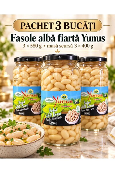 Yunus Βραστά Λευκά Φασόλια, συσκευασία 3 βάζα × 580 γρ., αφυδατωμένη χύμα ύλη...