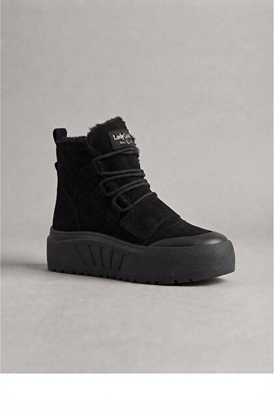 LETAO Black Suede Thick Soled Lace-Up Women's Casual Daily Boots with Fur Inside