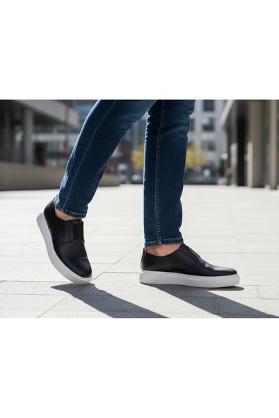 ERDOĞAN TULGAR Genuine Leather Lightweight White Eva Sole Banded Daily Black Comfortable Men's Casual Shoes Te0173