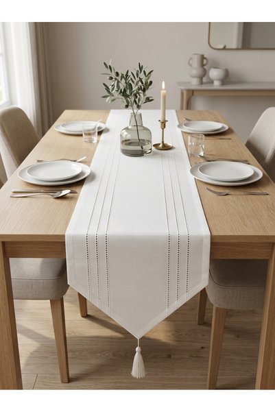 Nest Touch Liora 35x140 cm Runner Masa Örtüsü, Dokulu Boncuklu Püsküllü Yemek...