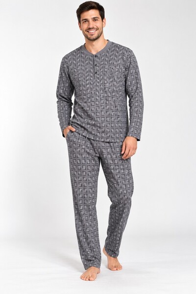 Alize Moda طقم بيجامة رجالي بأكمام طويلة وياقة بأزرار وجيوب، مصنوع من القطن ب...