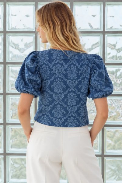 Asfaha Fashion Women's Blue Jacquard Patterned Balloon Sleeve Denim Blouse Jacket