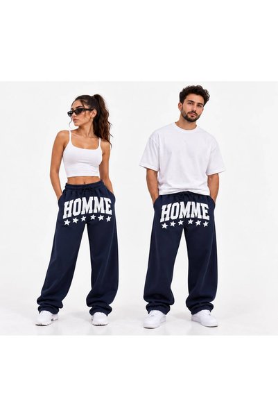 MCSPORT Unisex HOMME Baskılı Lacivert Oversize Bol Paça Eşofman Altı