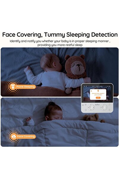 BOIFUN Monitor de bebeluși WiFi 4MP 2.4/5Ghz display 5.5'' și control prin aplicatie, detectare a acoperirii feței și a somnului pe burtă, rotatie 360 Detectie plangere și mișcare