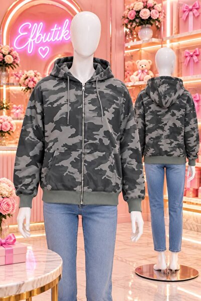 EFBUTİK Camouflage Patterned Hooded Zippered Cardigan