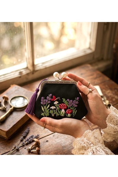 Mini Cüzdan %100 El Nakışı İşlemeli Kır çiçek Temalı 10x14 cm Keten Kumaş .
