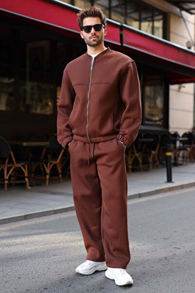 Madmext Acı Kahve Şardonlu College Collar Relaxed Fit Men's Tracksuit Set E7376
