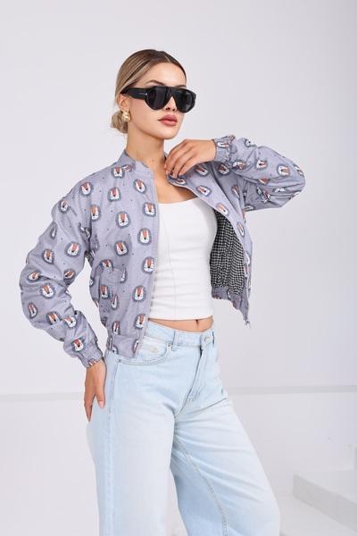 SahraAfra Women's Stand Collar Bomber Jacket with Pockets and Elastic Waist