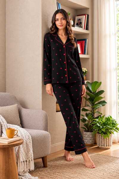 ATLAS LIFE Saten Biye Detaylı Göz Bantlı Gömlek Yaka Pijama Takımı