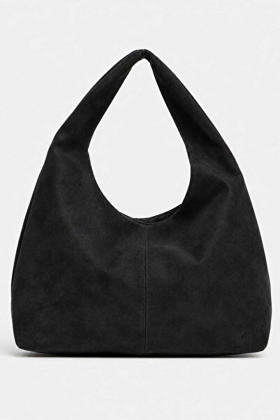 Madamra Siyah Süet Kadın Shopper Omuz Çantası – Yumuşak Form Vintage Model