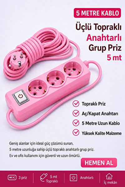 FIRSAT YOLU Üçlü Topraklı Anahtarlı Grup Priz 5 Metre Pembe