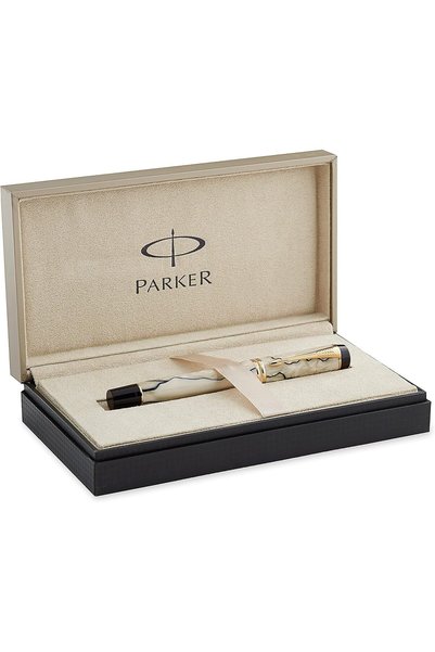 Parker قلم حبر دوفولد سنتينيال بلون اللؤلؤ والأسود مع حواف ذهبية وريشة متوسطة...
