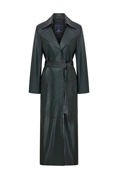 Dericlub Wm030 Genuine Leather Women's Long Trench Coat Green