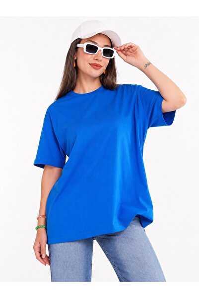 MOVİMENT Blue Women's Oversize Crew Neck Short Sleeve T-Shirt