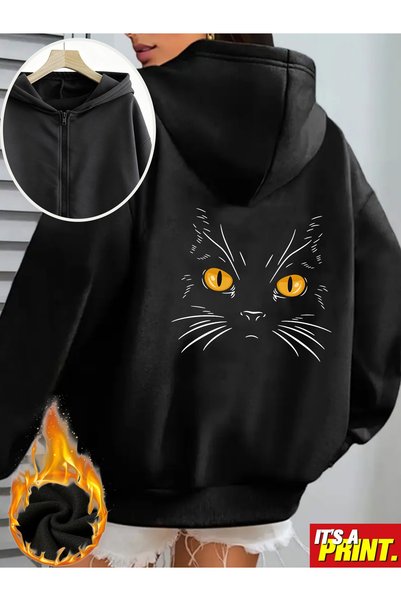 MITHRAS OUTDOORS Unisex Black Yellow Eyes Cat Back Print Zipper Sweatshirt Pr...