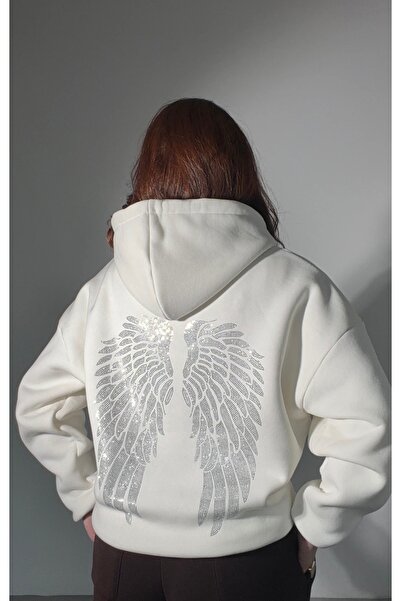 ayşenur Dinçer butik Wings Taşlı Sweatshirt Beyaz