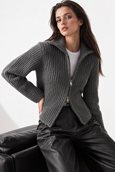 WILD BEE Women's Anthracite Double Zippered Soft Textured Knitwear Cardigan