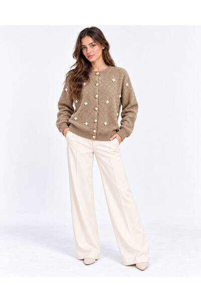 Sfg Life Moda Women's Pearl Detailed Buttoned Crew Neck Long Fleece Knitwear ...
