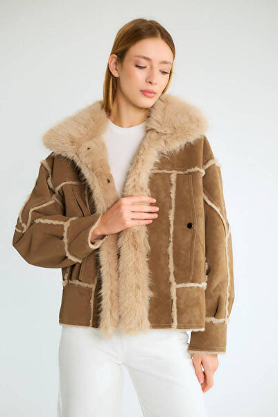 Robin D99867 İçi Ve Yakası Kürklü Oversize Kadın Süet Mont Camel