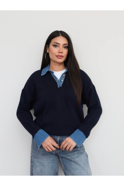 ESRAHELVACI Buttoned Denim Detail Knitwear Sweater