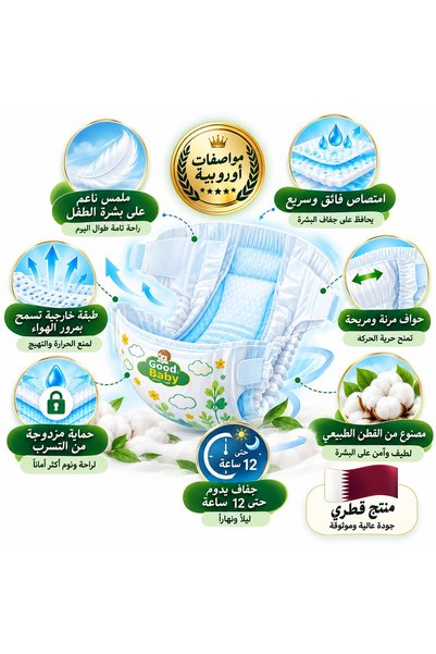 Generic Brand حفاضات جود بيبي مقاس 6 كبير جدًا للأطفال – صناعة قطرية بمواصفات أوروبية ودرجة أولى – امتصاص سريع وحماية من التسرب – 4 عبوات بإجمالي 128 حفاضة