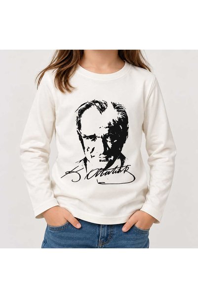 Pamuk Saray 29 October Republic Day Ataturk Printed Children's Long Sleeve T-Shirt Ecru