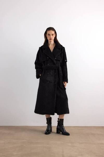 meilora butik Kadın Peluş Kürk Yaka Kuşaklı Uzun Kaban
