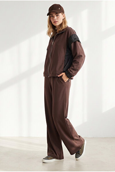 Olalook Women's Brown Garnished Zippered Draped Top and Bottom Set Tkm-19000518