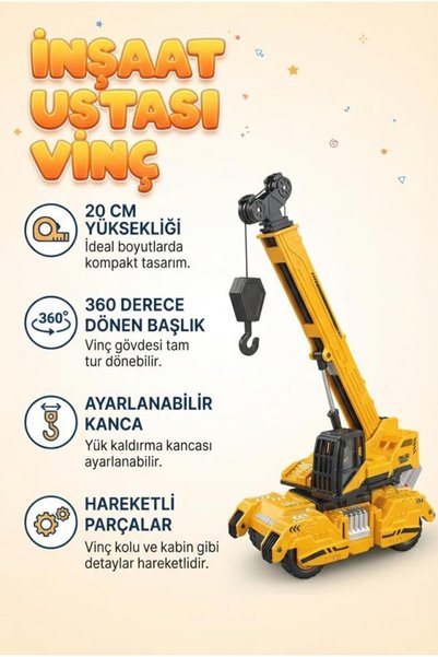 Tıfıl Toys İnşaat Ustası Vinç Ayarlanabilir Kancalı Haraketli 360 Derece Döne...