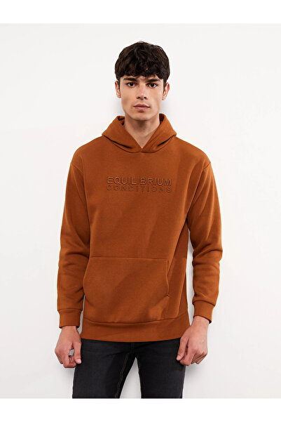 LC Waikiki Brown Long Sleeve Embroidered Men's Thick Hoodie