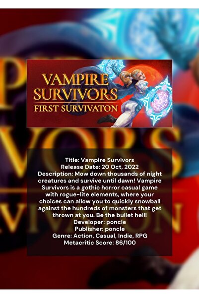 OEM Poster Infografic Vampire Survivors, Joc Video Independent, Carton Premiu...